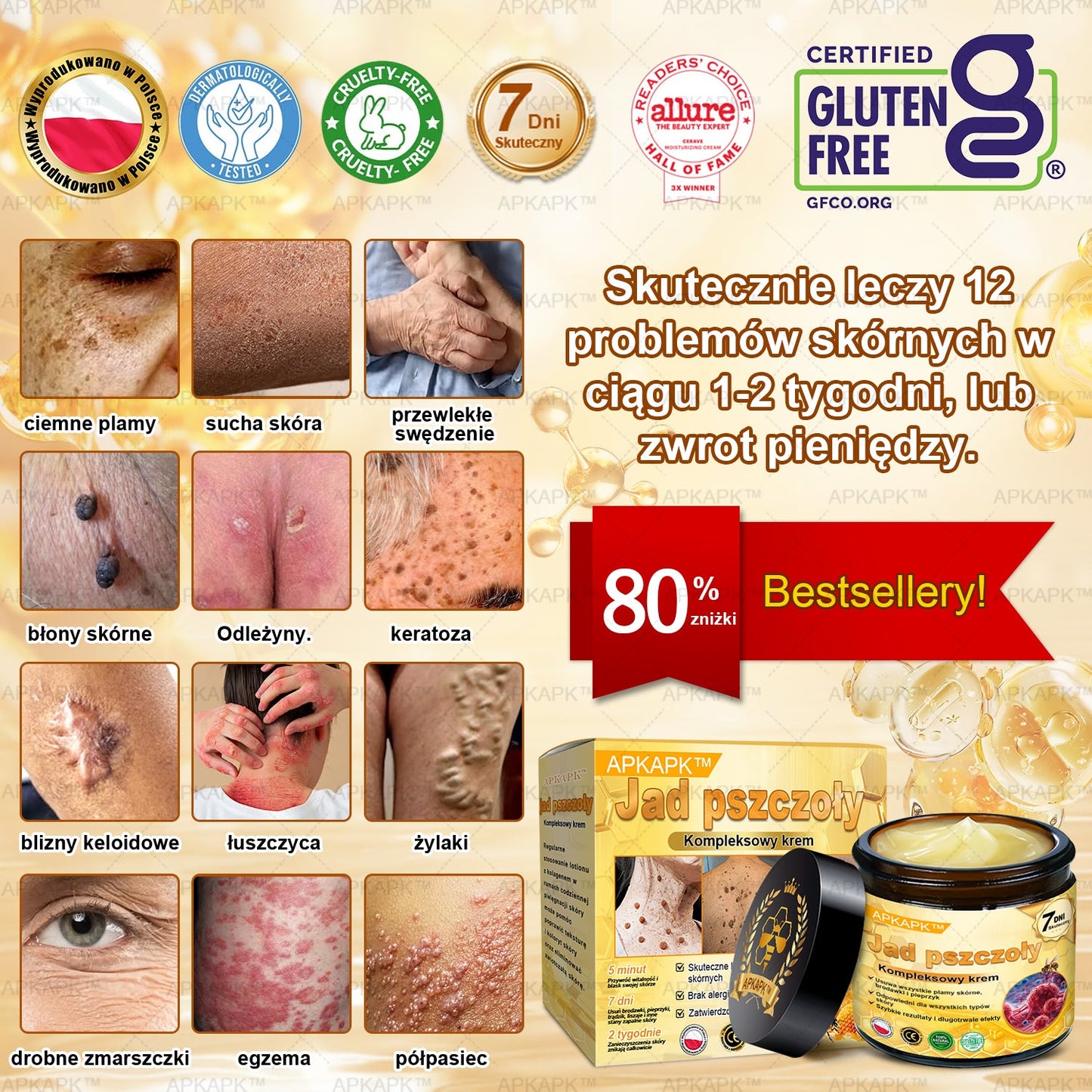 ΑPΚΑPK™ Jad Pszczoły Kompleksowy Krem🥇🥇pomaga w leczeniu problemów skórnych, takich jak: zmarszczki, blizny, plamy pigmentacyjne, rozstępy, trądzik, łuszczyca, egzema, zmiany skórne, podrażnienia, stany zapalne i inne problemy skórne🔥🔥🔥